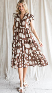 Abstract Dot Ruffle Shoulder Midi Dress