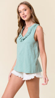 Slub Cotton Ruffle Neck Tank Top
