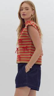 Tied Bows Striped Cap Sleeve Top