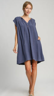 Linen Blend Fray Trim Dress