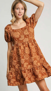 Jacquard Print Puff Sleeve Dress