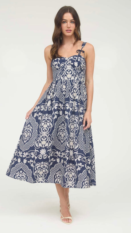 Damask Bow Trim Midi Dress