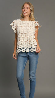 Big Eyelet Floral Ruffle Slv Top