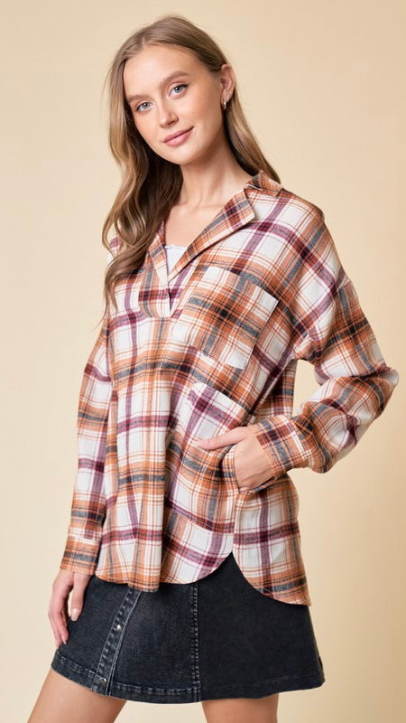 Plaid Flannel Patch Pkt Tunic Top