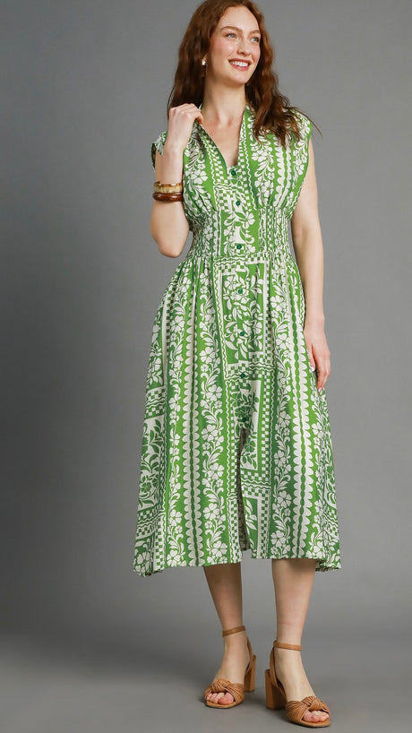Floral + Check Print Midi Dress w/Pkts