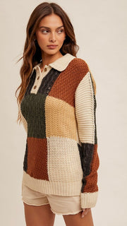 Patchwork Pullover Henley Sweater