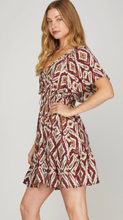 Diamond Print V-Neck Flutter Sleeve Dress