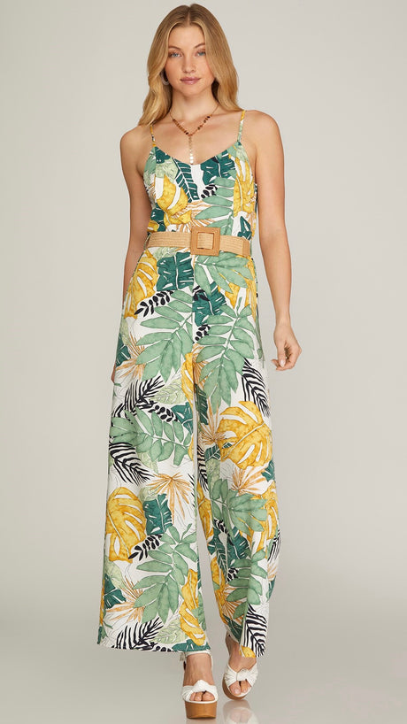 Tropical Cami Strap Belted Jumpsuit