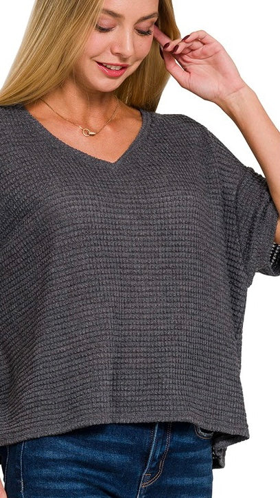 Textured Waffle Knit V-Neck Top 9/24