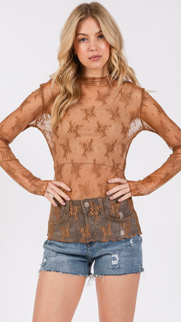 Lace High Neck Sheer Layer Top