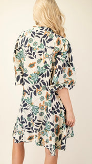 Floral 3/4 Sleeve Flare Dress w/Pkts