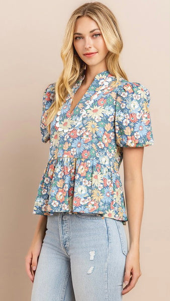 Floral Puff Sleeve Peplum Top