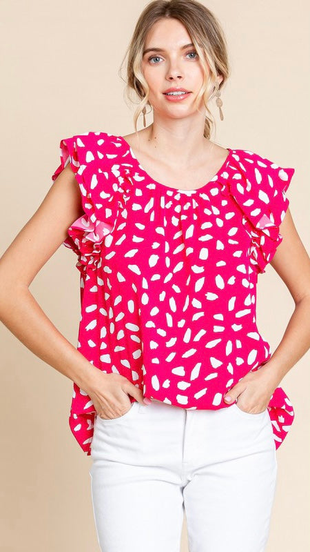 Dot Double Ruffle Shoulder Top