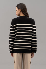 Stripe Wide Button Sleeve Sweater
