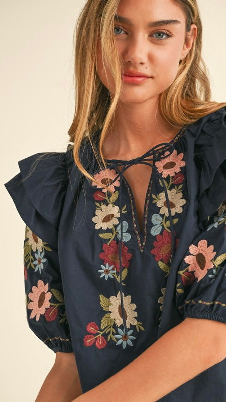 Embroidered Puff Sleeve Woven Top