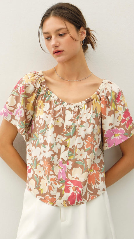 Floral Faux Button Front Bell Slv Top