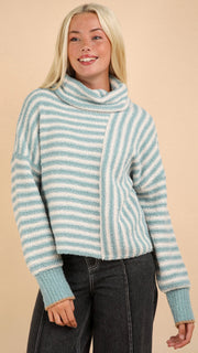 Blocked Stripe Cowl Neck Blanket Sweater