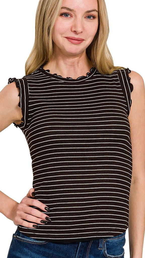 Stripe Rib Knit Ruffle Shoulder Top