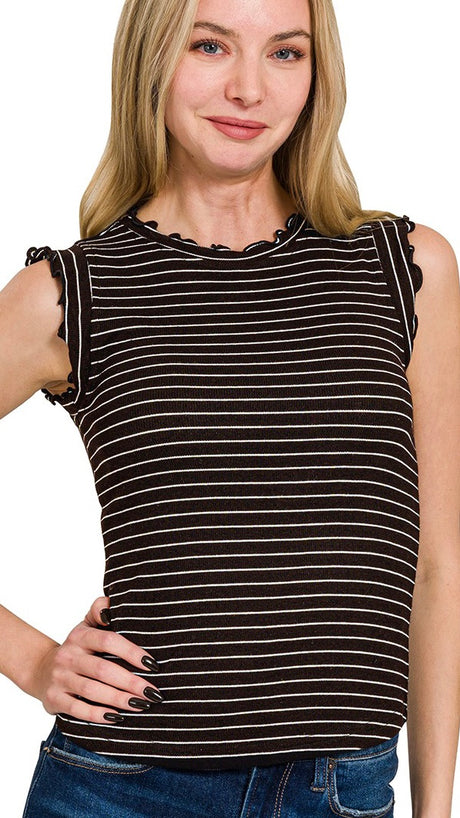Stripe Rib Knit Ruffle Shoulder Top