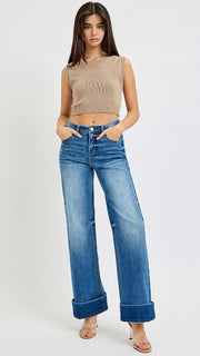 High Rise Tummy Control Cuffed Wide Leg Jean