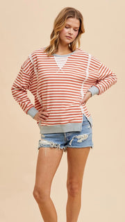 Oversized Raw Seam Stripe Pullover Top