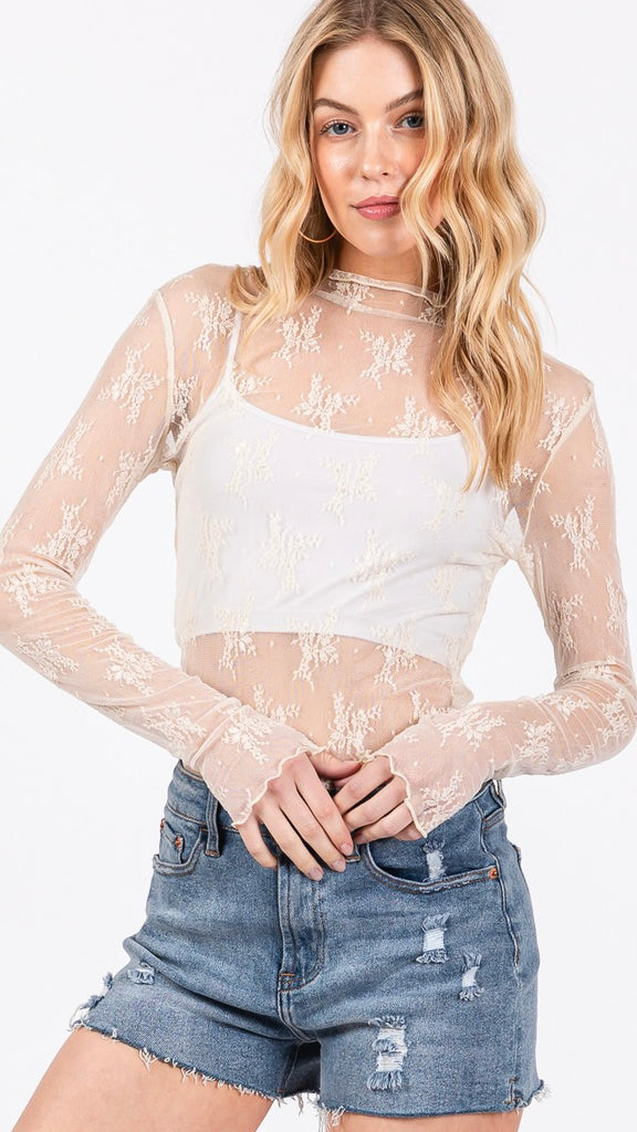 Lace High Neck Sheer Layer Top