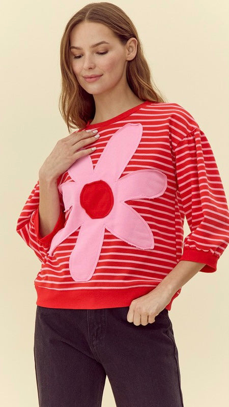 Daisy Applique Stripe Knit Top