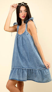 Washed Denim Ruffle Hem Dress