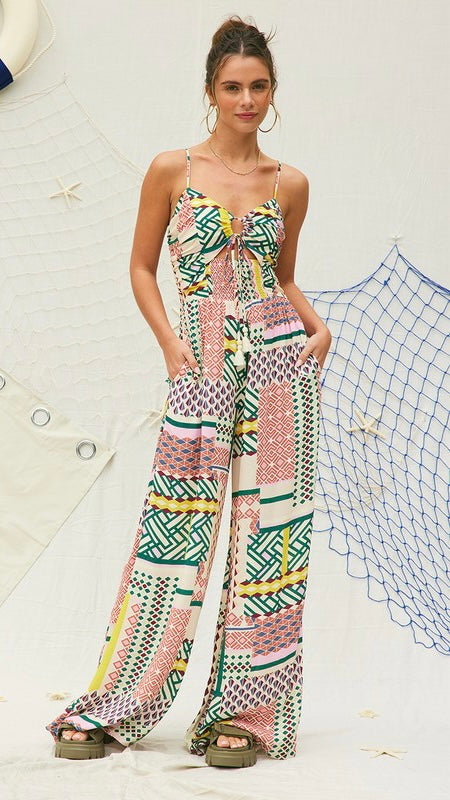 Boho Geometric Print Tie Back Jumpsuit