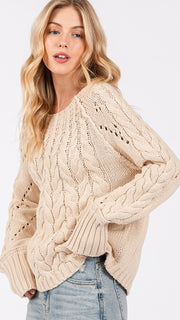 Pointelle Cable Knit Raglan Sweater