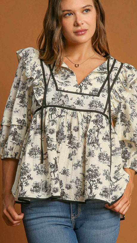 Toile Print Ruffle Shoulder Babydoll Top