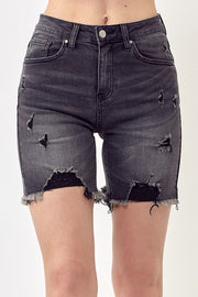 High Rise Destructed Washed Denim Shorts