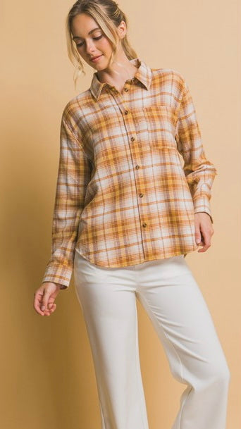 Lt Plaid Flannel Button Front Top