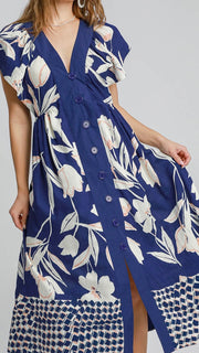 Floral V-Neck Button Midi Dress