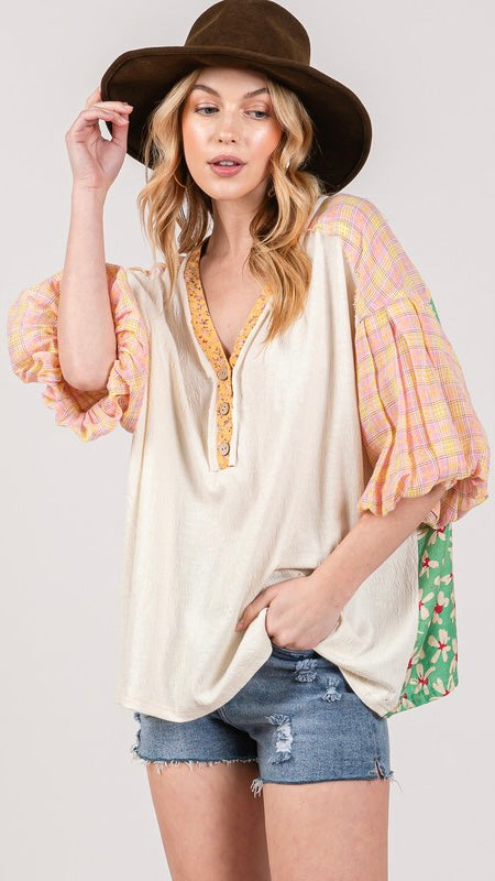 Mixed Fabric Bubble Sleeve Top