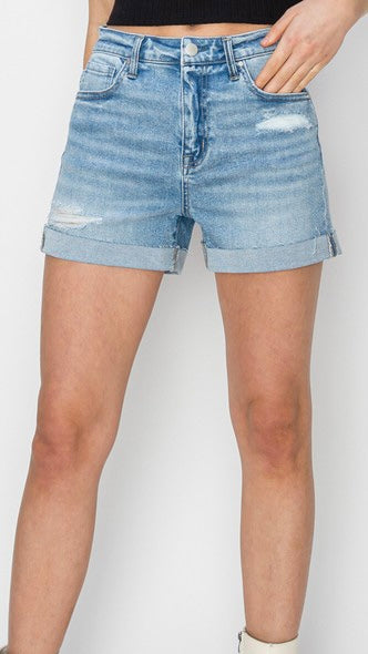 High Rise Frayed Cuff Destruct Shorts
