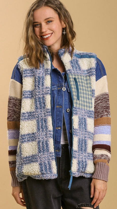 Plaid Sherpa Fleece Zip Vest