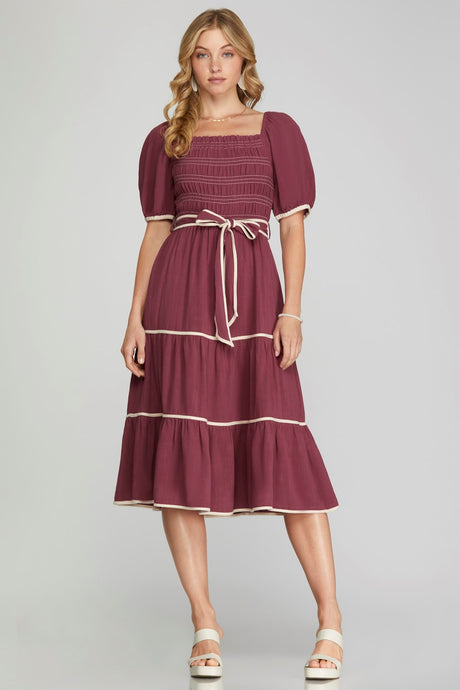 Smocked Bodice Contrast Midi Dress