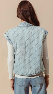 Quilted Washed Denim Vest w/Pockets