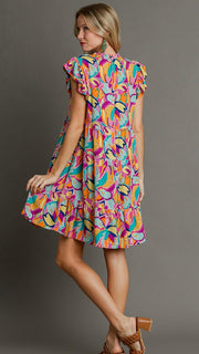 Abstract Print Smocked Shoulder Dress