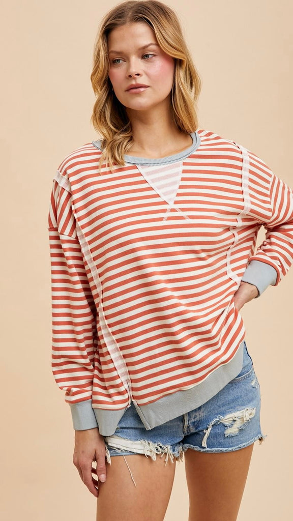 Oversized Raw Seam Stripe Pullover Top