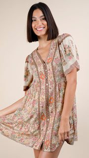 Boho Floral Border Print Mini Dress