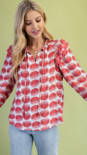 Dot Ruffle Shoulder Bubble Slv Top