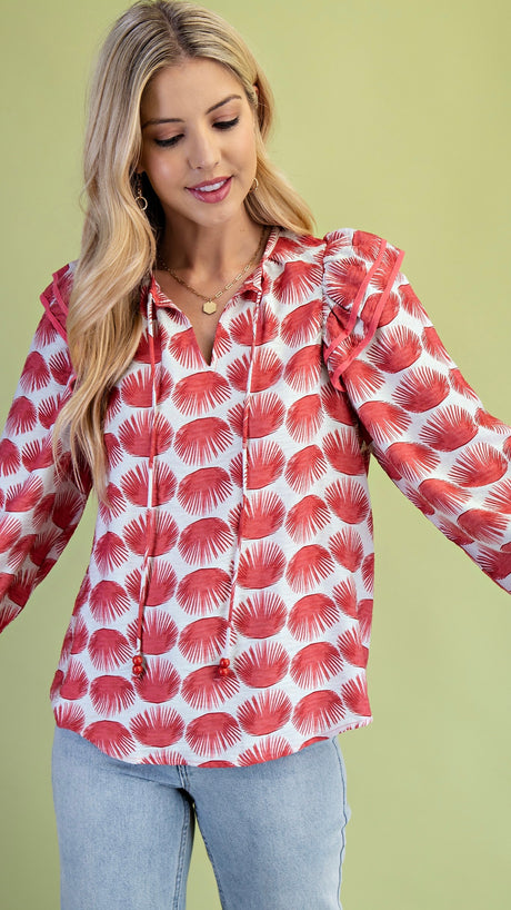 Dot Ruffle Shoulder Bubble Slv Top