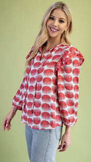 Dot Ruffle Shoulder Bubble Slv Top