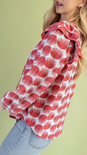 Dot Ruffle Shoulder Bubble Slv Top