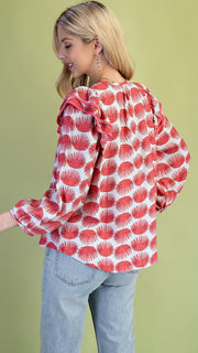 Dot Ruffle Shoulder Bubble Slv Top