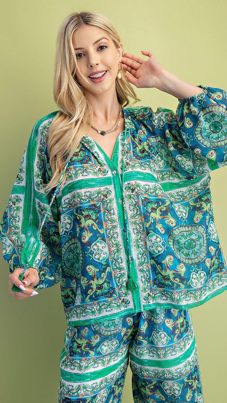 Scarf Print Button Front Top