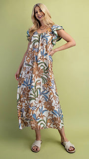 Fall Floral Ruffle Shoulder Midi Dress