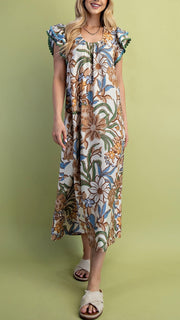 Fall Floral Ruffle Shoulder Midi Dress